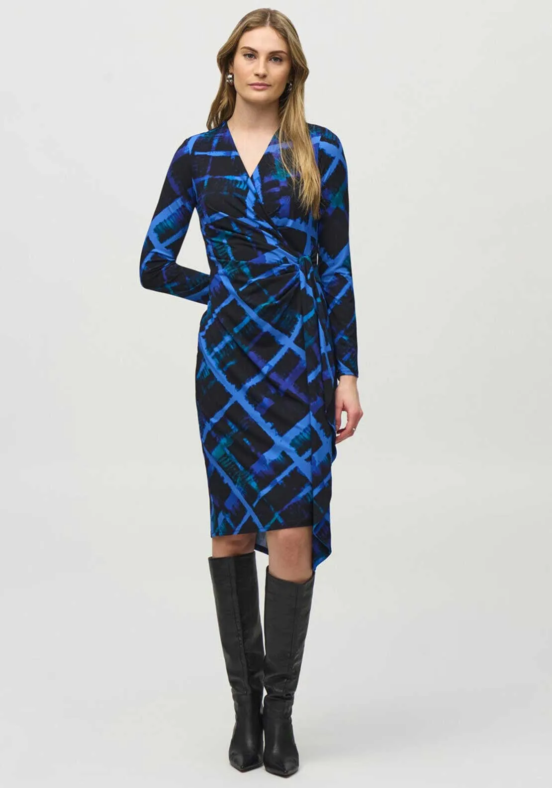 Joseph Ribkoff Grid Print Jersey Wrap Dress, Blue