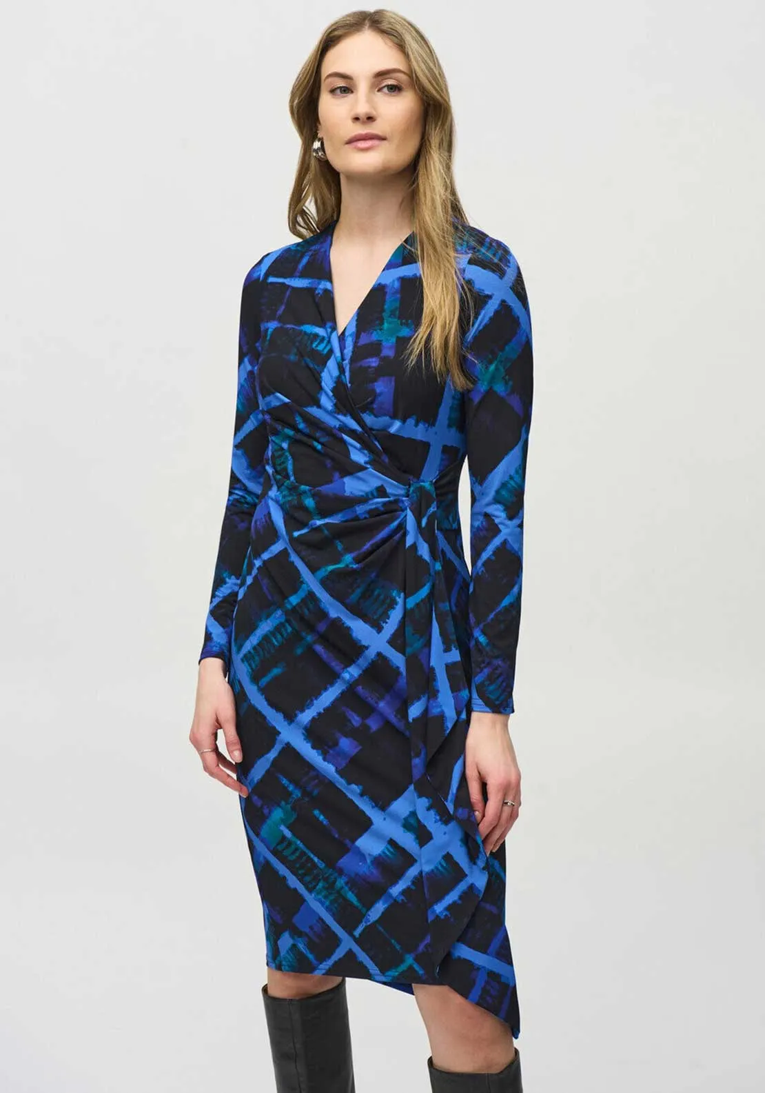 Joseph Ribkoff Grid Print Jersey Wrap Dress, Blue