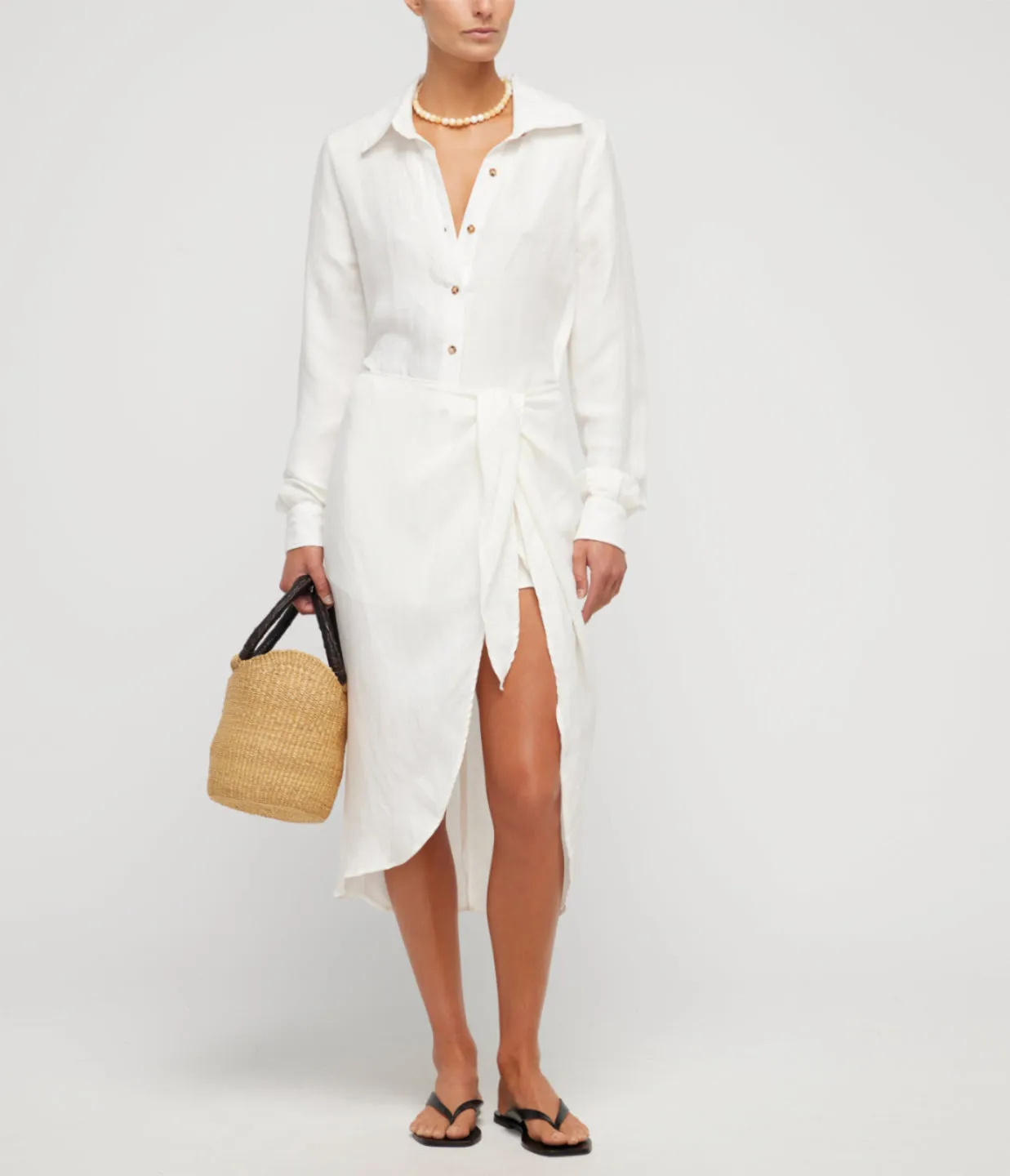 LA Asymetric Wrap Linen Cupro Midi Dress in White