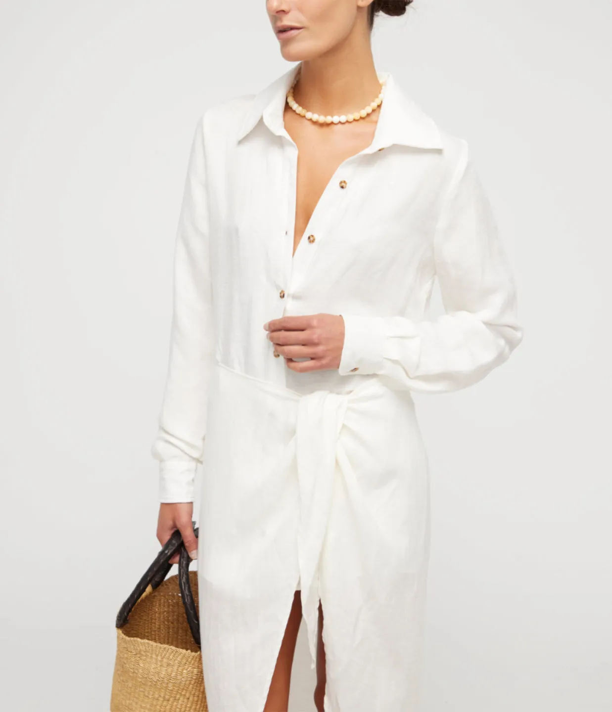 LA Asymetric Wrap Linen Cupro Midi Dress in White