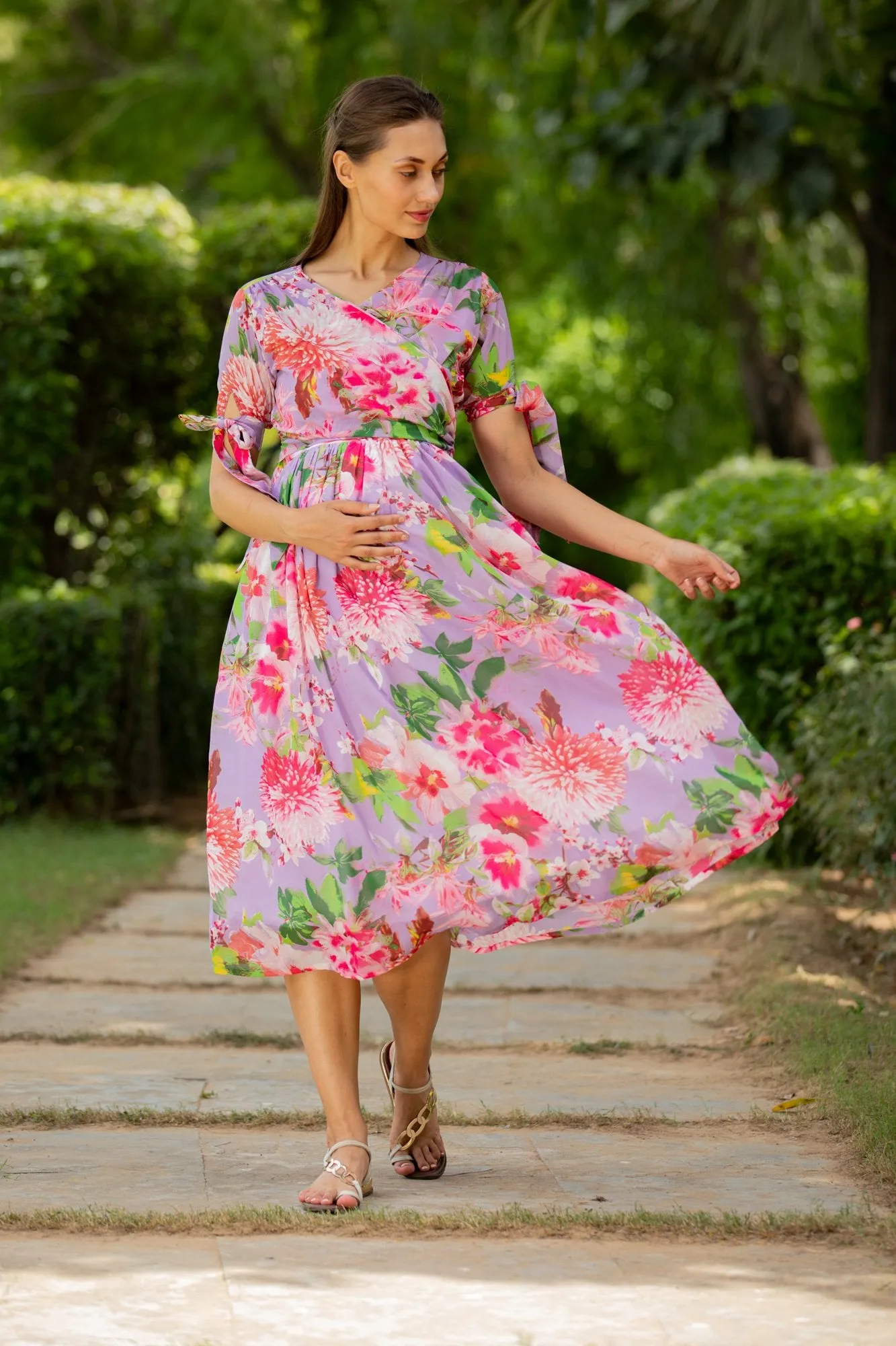 Lavender Bloom Maternity & Nursing Midi Wrap Dress