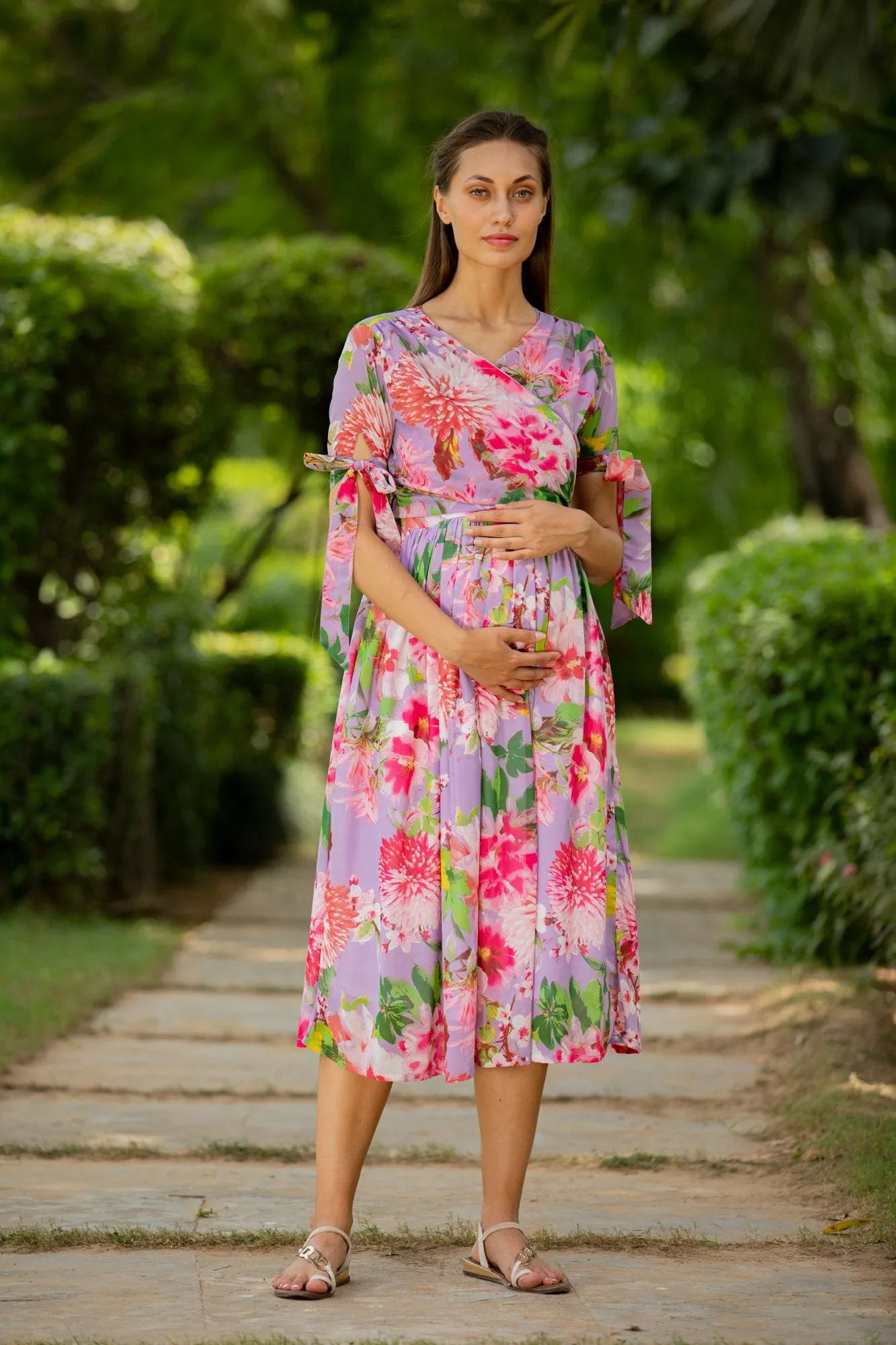 Lavender Bloom Maternity & Nursing Midi Wrap Dress