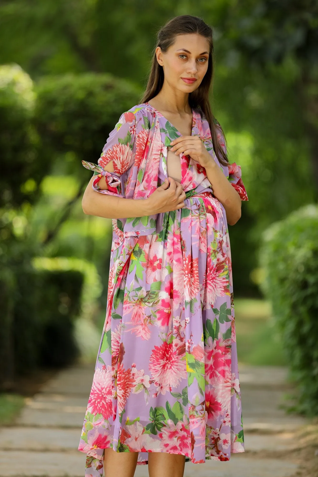 Lavender Bloom Maternity & Nursing Midi Wrap Dress