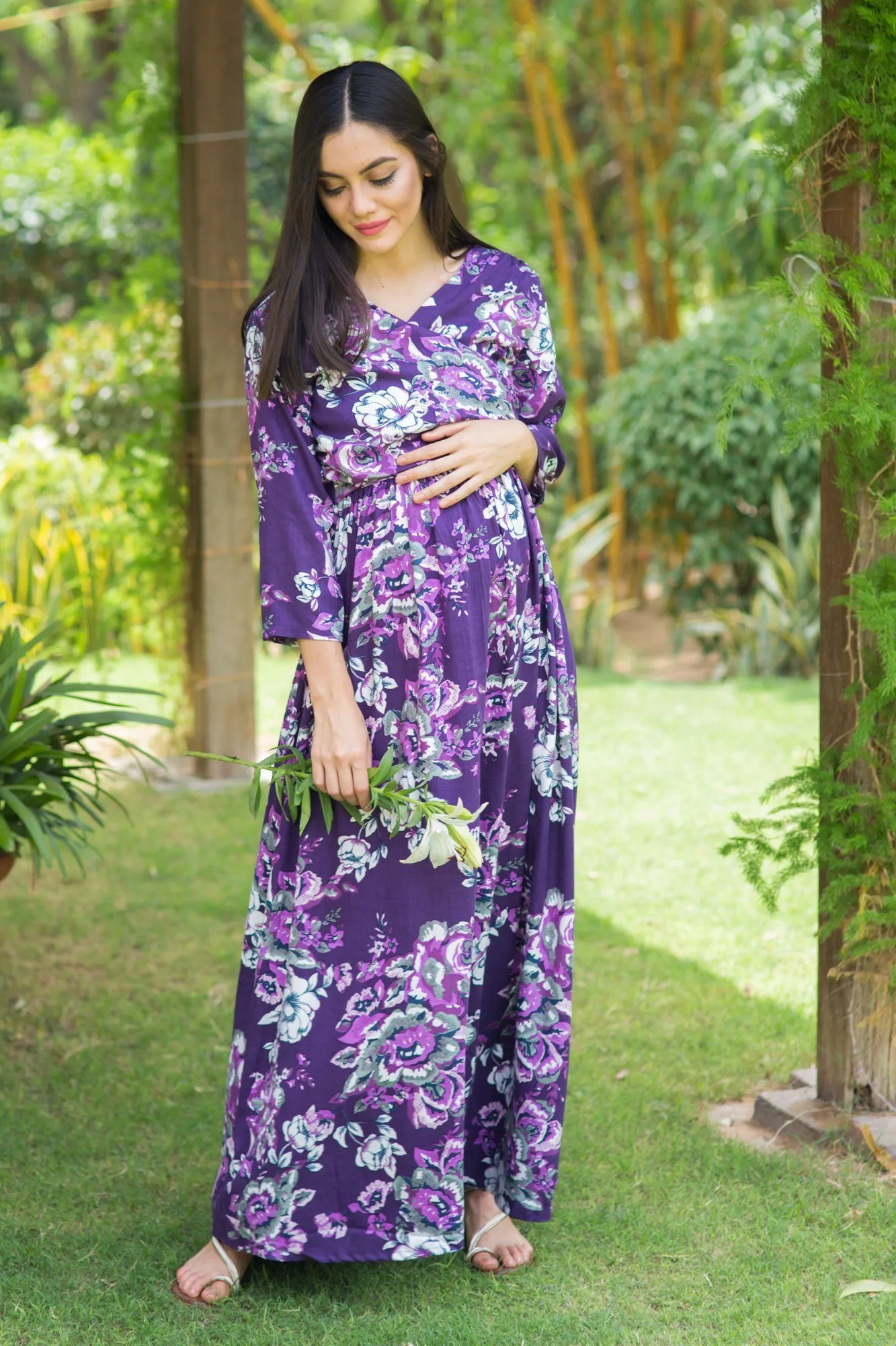 Lilac Floral Cotton Nursing Wrap Dress