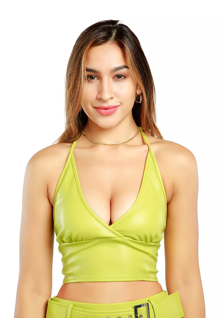 London Rag Sleeveless Knot Lime Crop Top