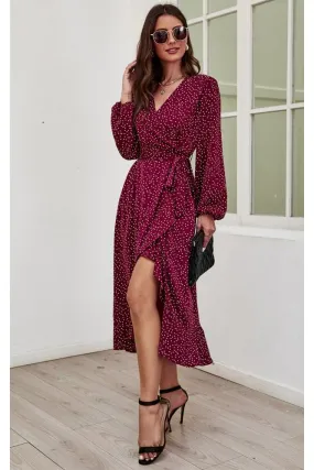 Long Sleeve Wrap Midi Dress In Wine