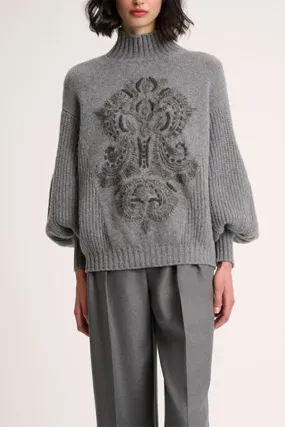 Luisa Spagnoli COLFIORITO GREY DAMASK EMBROIDERED PULLOVER