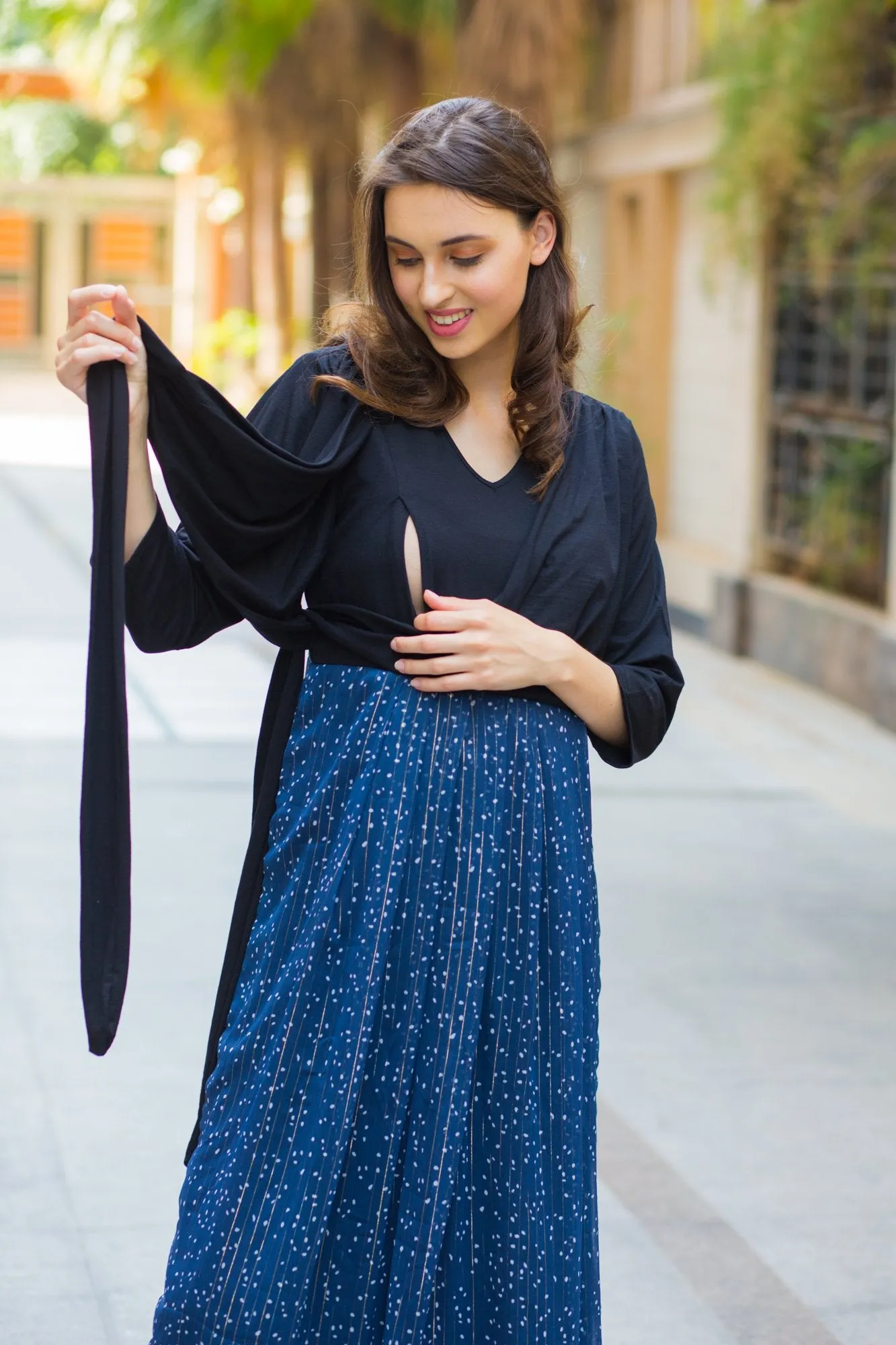 Luxe Blue Chiffon Black Maternity & Nursing Wrap Dress