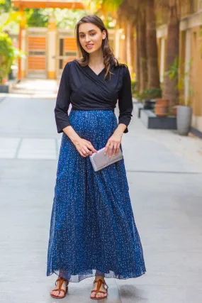 Luxe Blue Chiffon Black Maternity & Nursing Wrap Dress