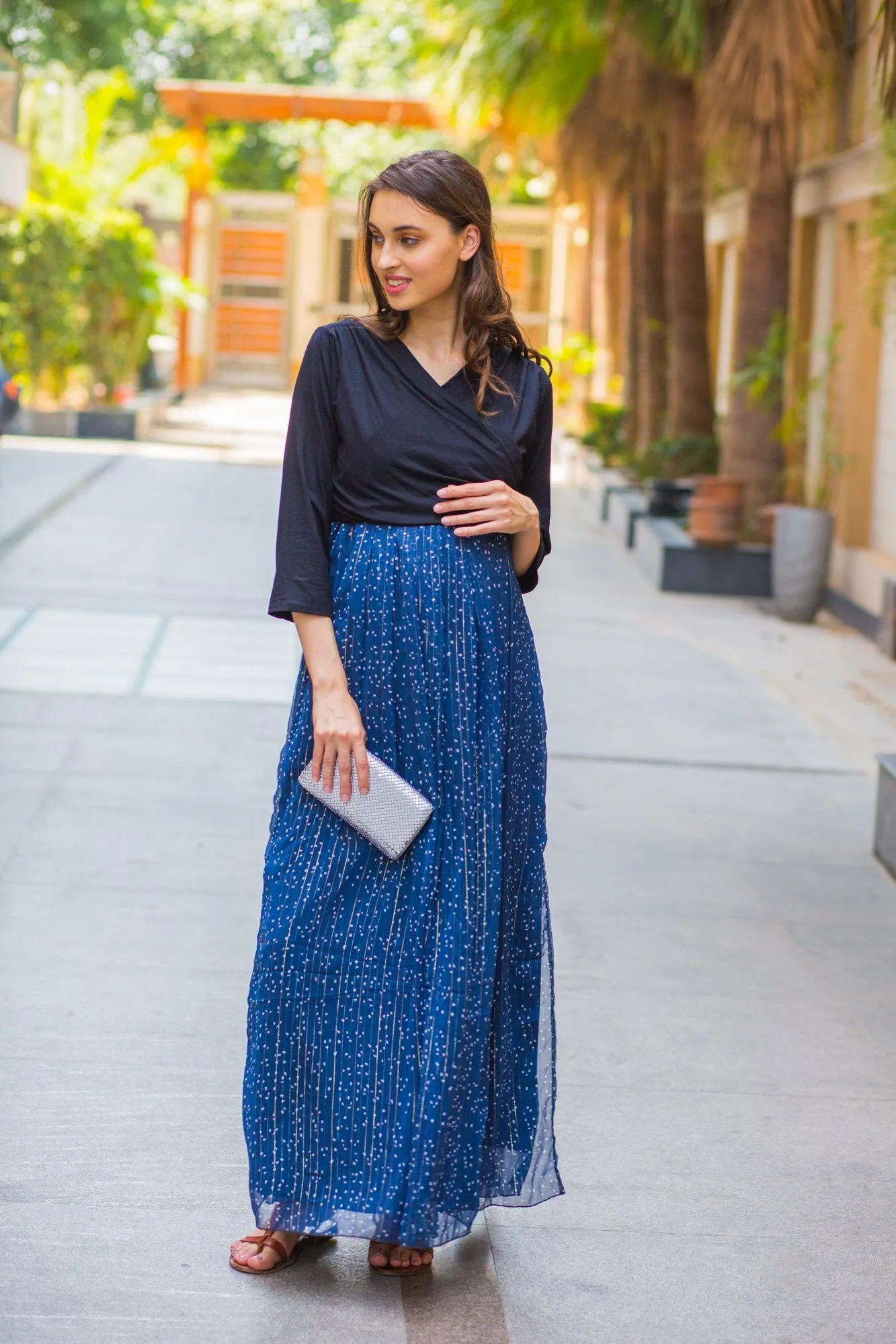 Luxe Blue Chiffon Black Maternity & Nursing Wrap Dress