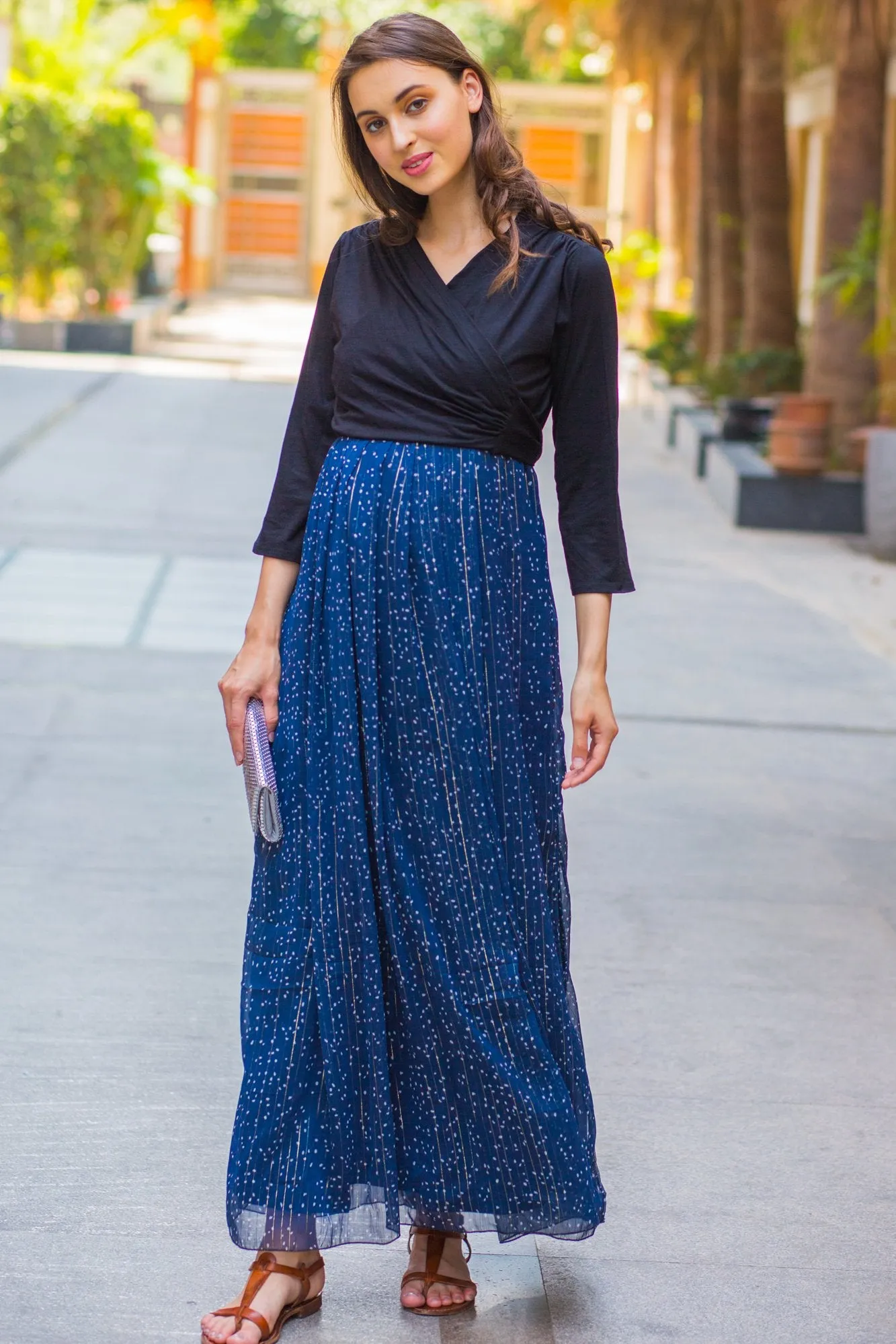 Luxe Blue Chiffon Black Maternity & Nursing Wrap Dress