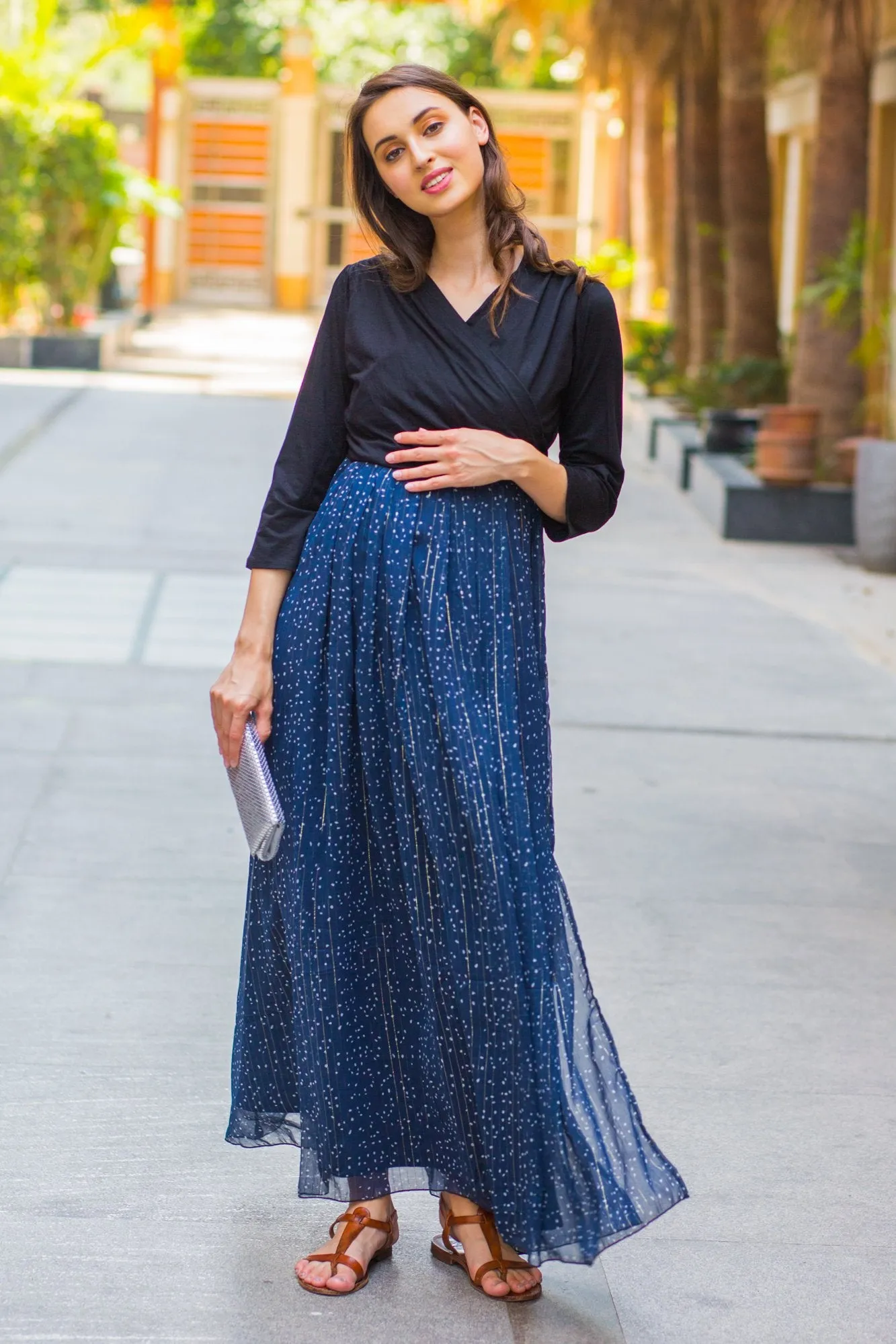 Luxe Blue Chiffon Black Maternity & Nursing Wrap Dress