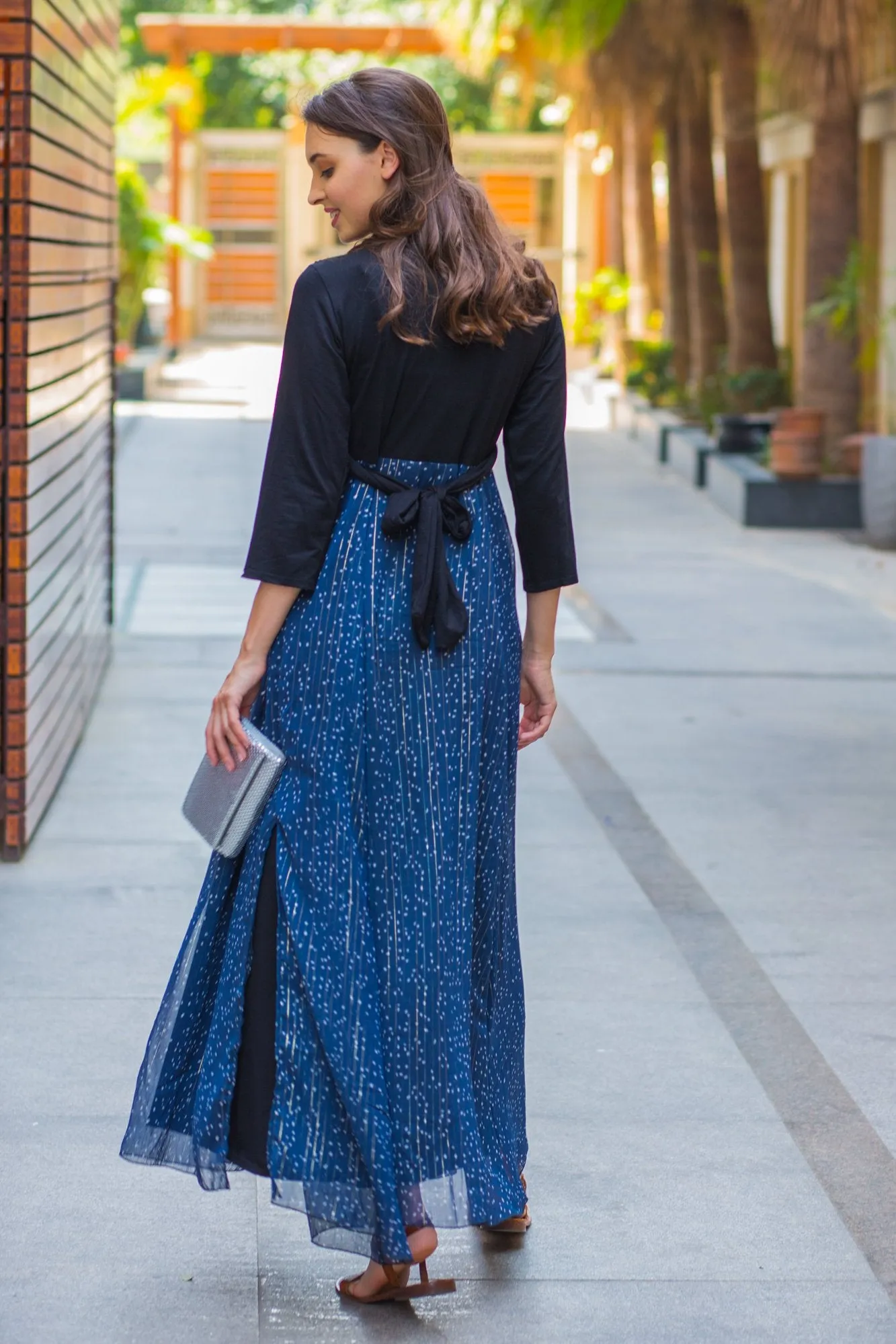 Luxe Blue Chiffon Black Maternity & Nursing Wrap Dress