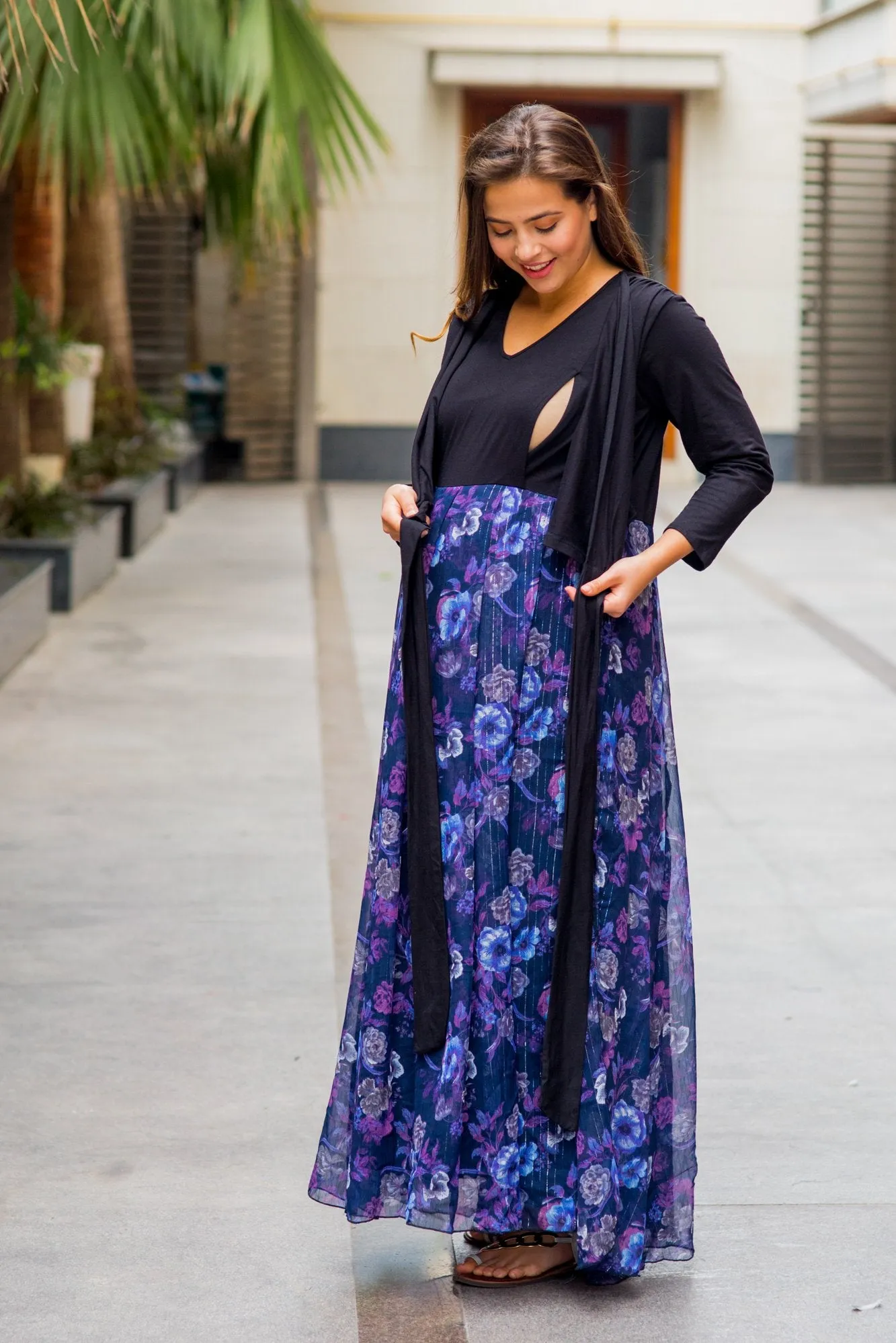 Luxe Violet Floral Chiffon Maternity & Nursing Wrap Dress