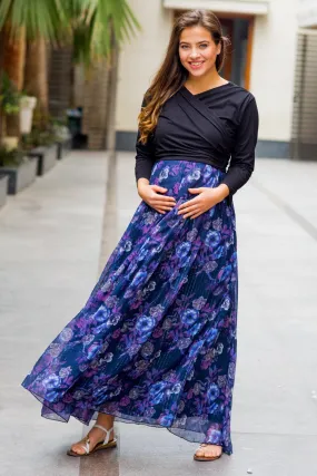 Luxe Violet Floral Chiffon Maternity & Nursing Wrap Dress