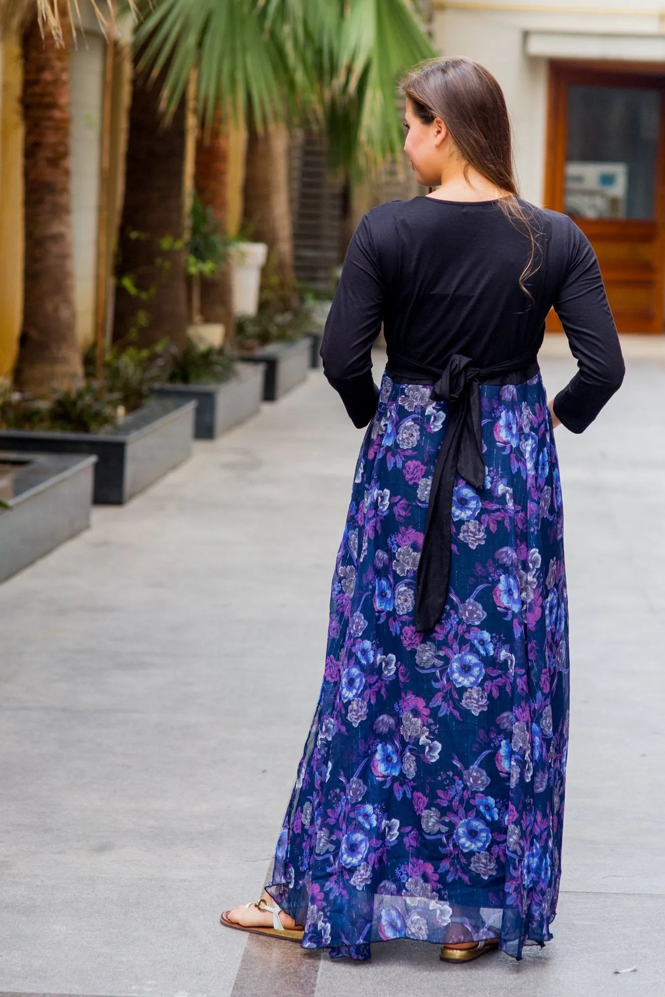 Luxe Violet Floral Chiffon Maternity & Nursing Wrap Dress