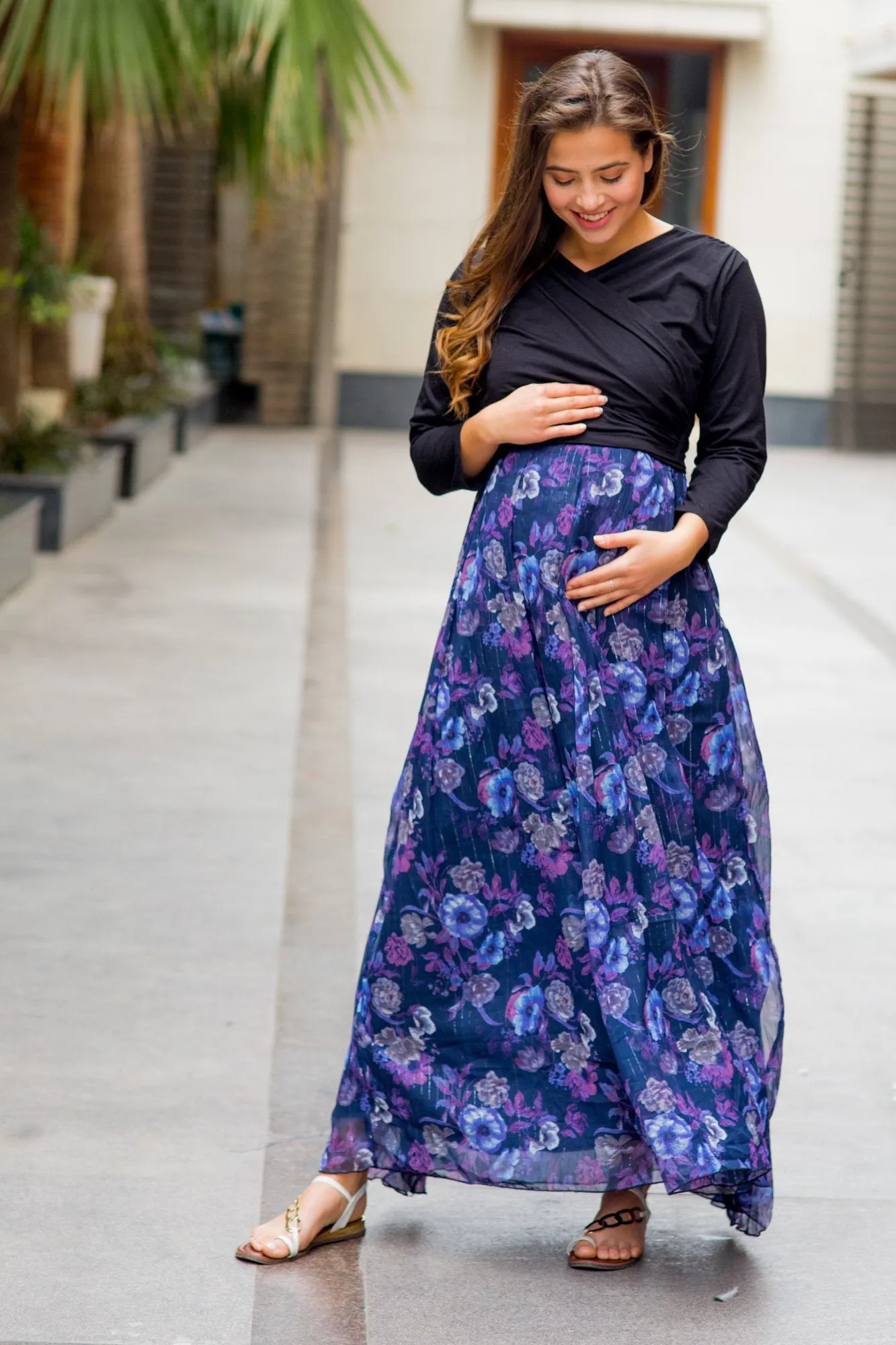 Luxe Violet Floral Chiffon Maternity & Nursing Wrap Dress