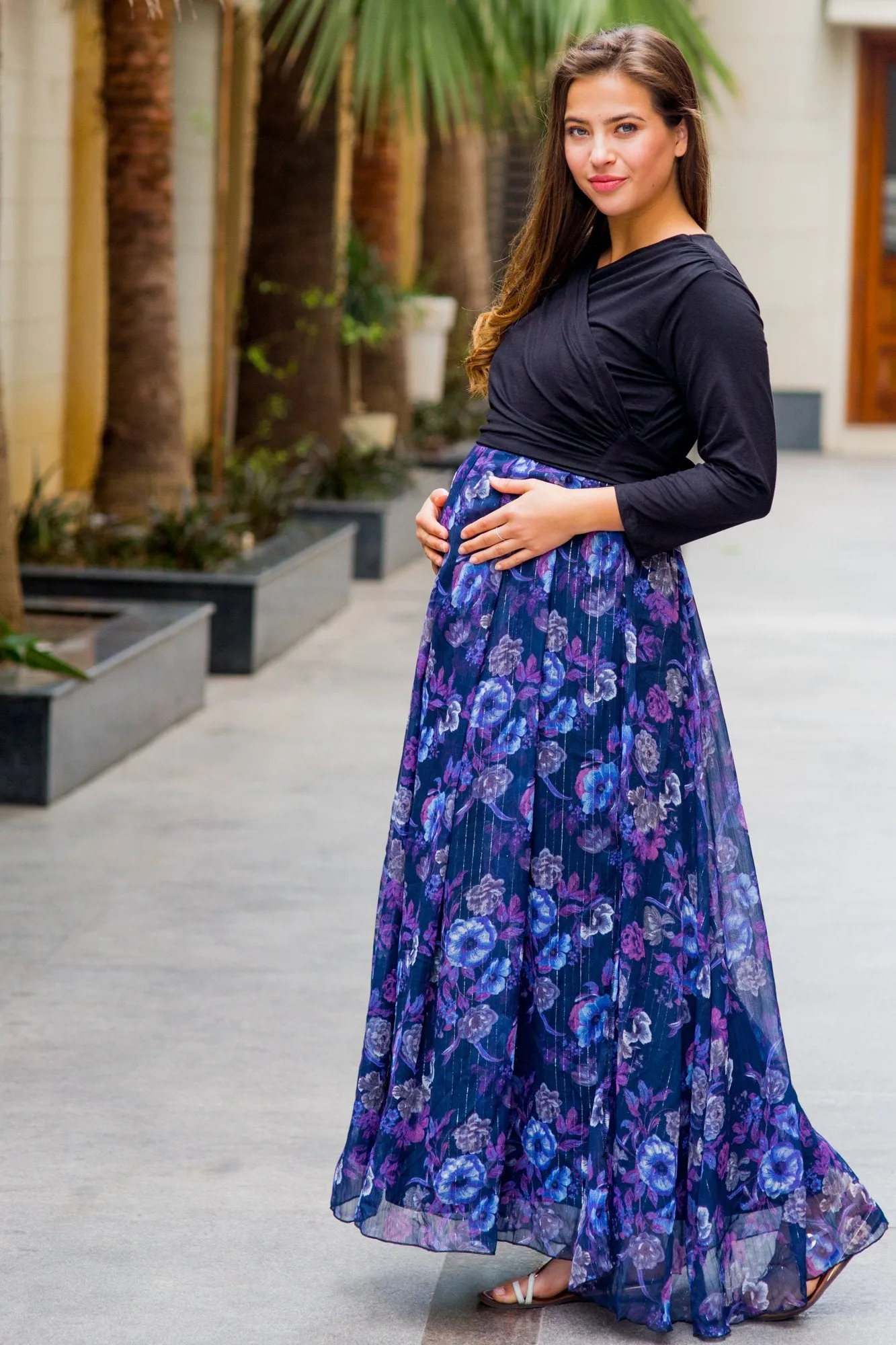 Luxe Violet Floral Chiffon Maternity & Nursing Wrap Dress