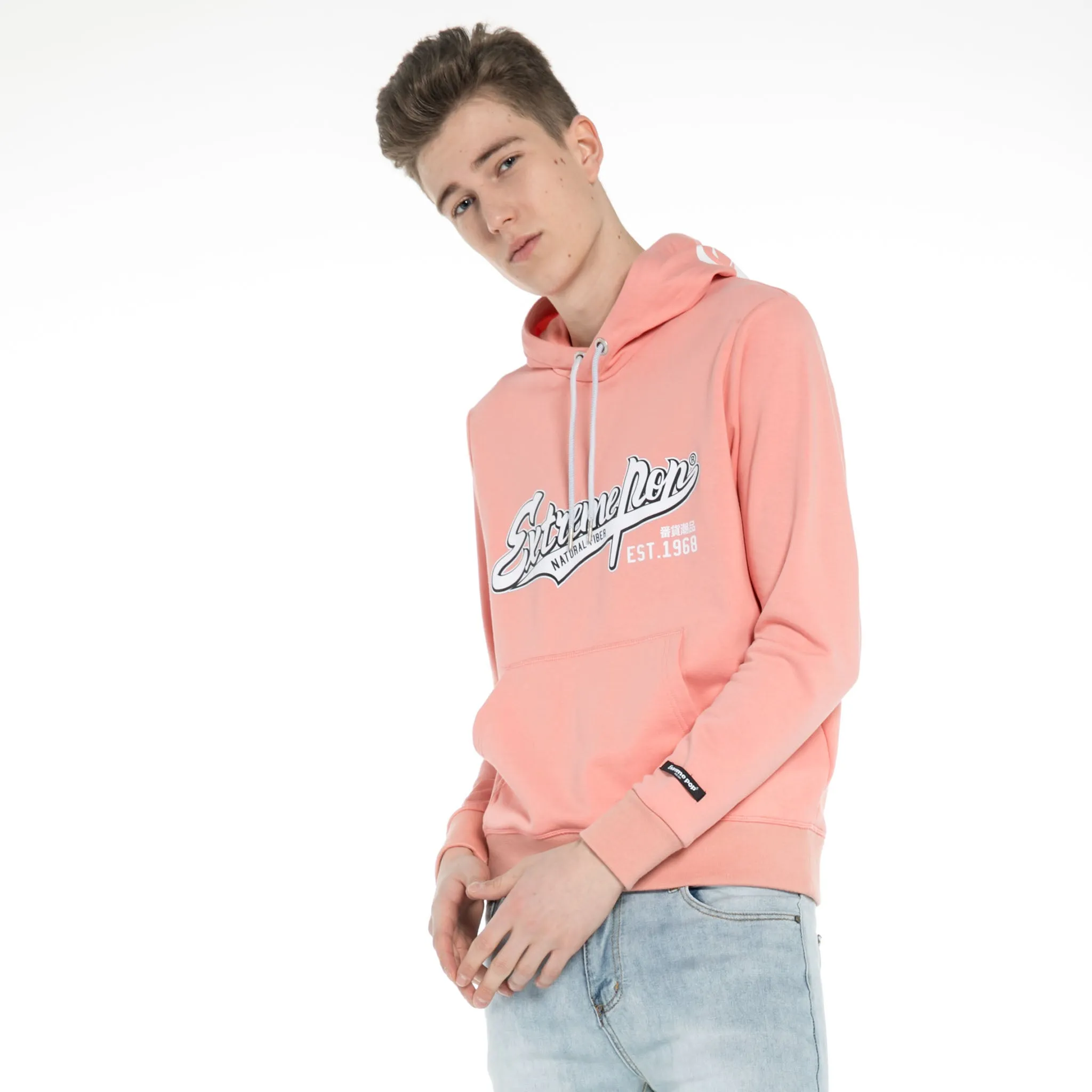 Mens Fitted Pullover Soft Pink Black Hooded Sweatshirt Stretch Jumper