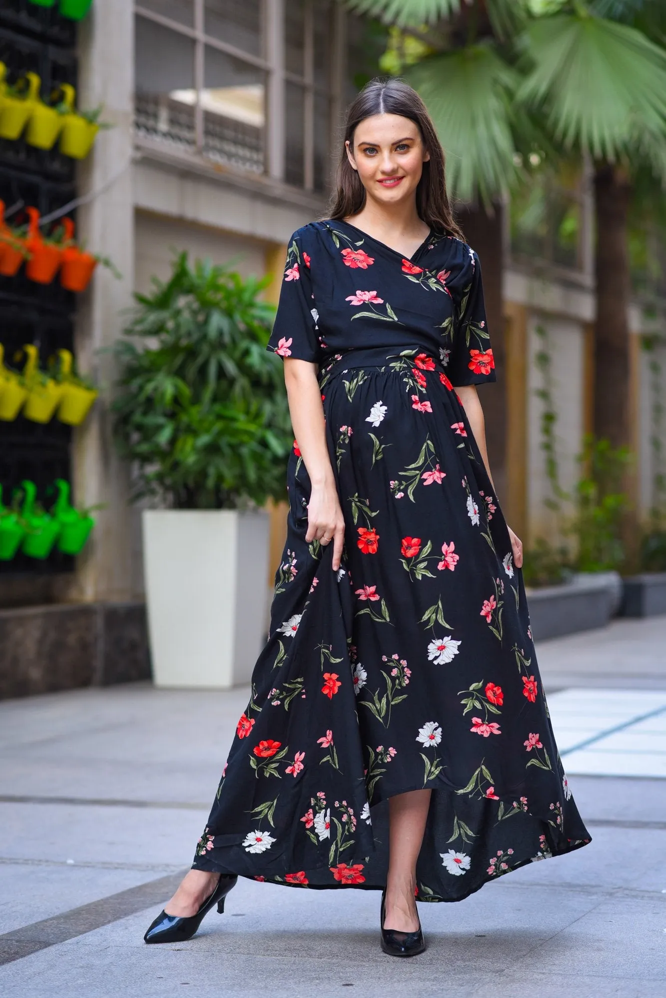 Midnight Blossom Rose High-Low Maternity & Nursing Wrap Dress