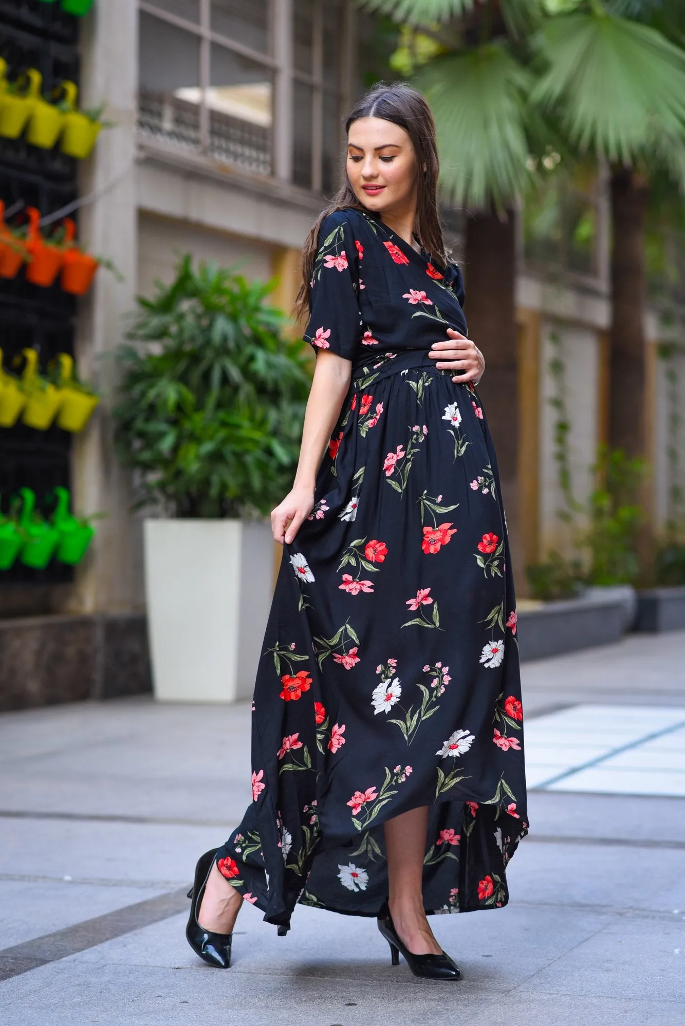 Midnight Blossom Rose High-Low Maternity & Nursing Wrap Dress