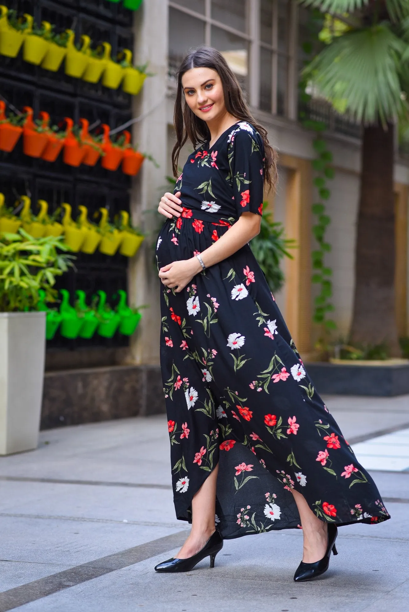 Midnight Blossom Rose High-Low Maternity & Nursing Wrap Dress