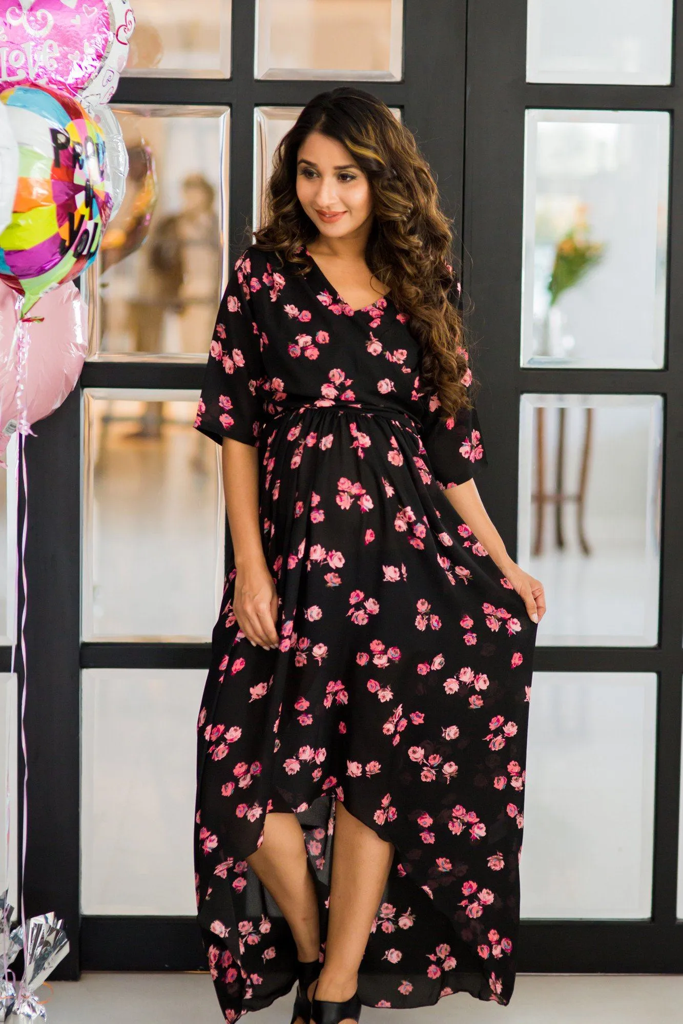 Midnight Rose Hi-Low Maternity & Nursing Wrap Dress