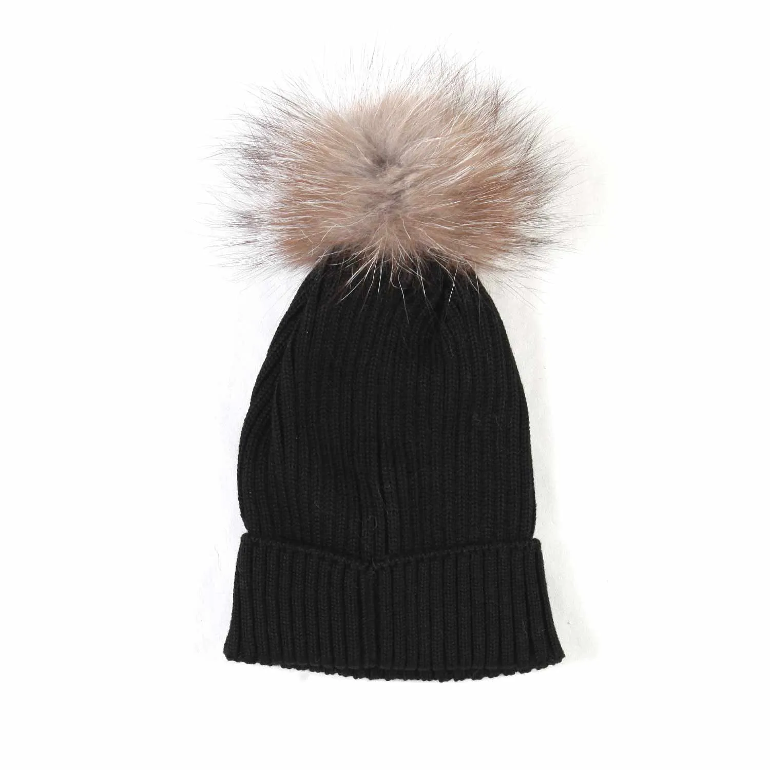 Moncler Black Wool Hat With Fur Pom Pon