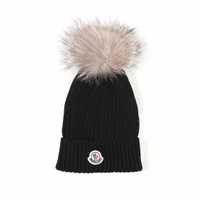 Moncler Black Wool Hat With Fur Pom Pon