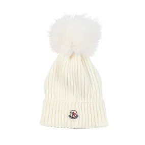 Moncler Silk White Beanie With Pon Pon For Girl