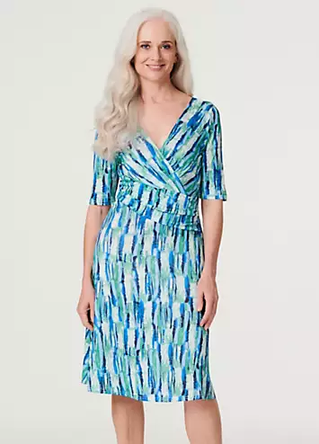 Multi Green Printed Short Sleeve Faux Wrap Dress by Izabel London | Look Again