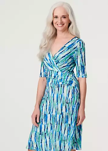 Multi Green Printed Short Sleeve Faux Wrap Dress by Izabel London | Look Again