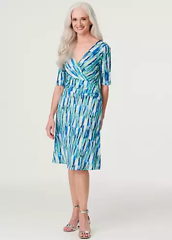 Multi Green Printed Short Sleeve Faux Wrap Dress by Izabel London | Look Again