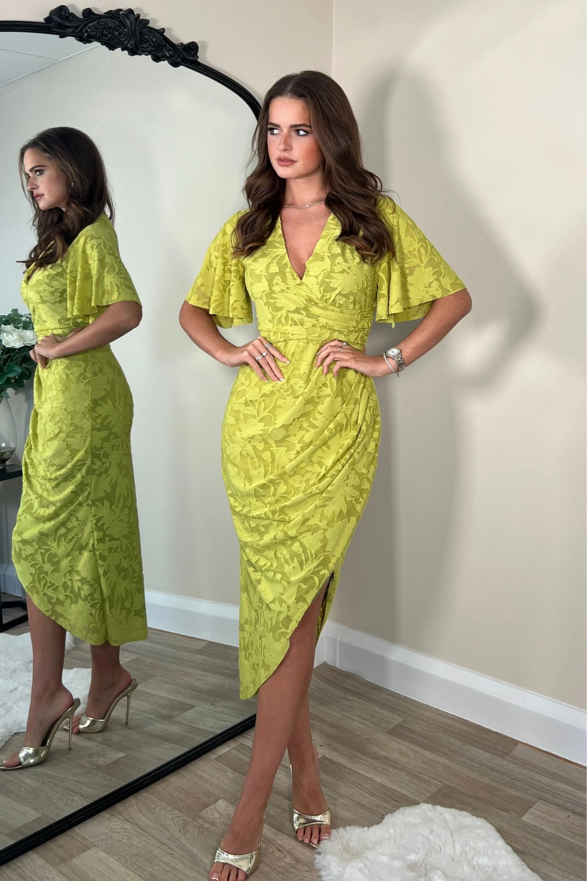 Natasha Angel Sleeve Wrap Midi Dress Lime