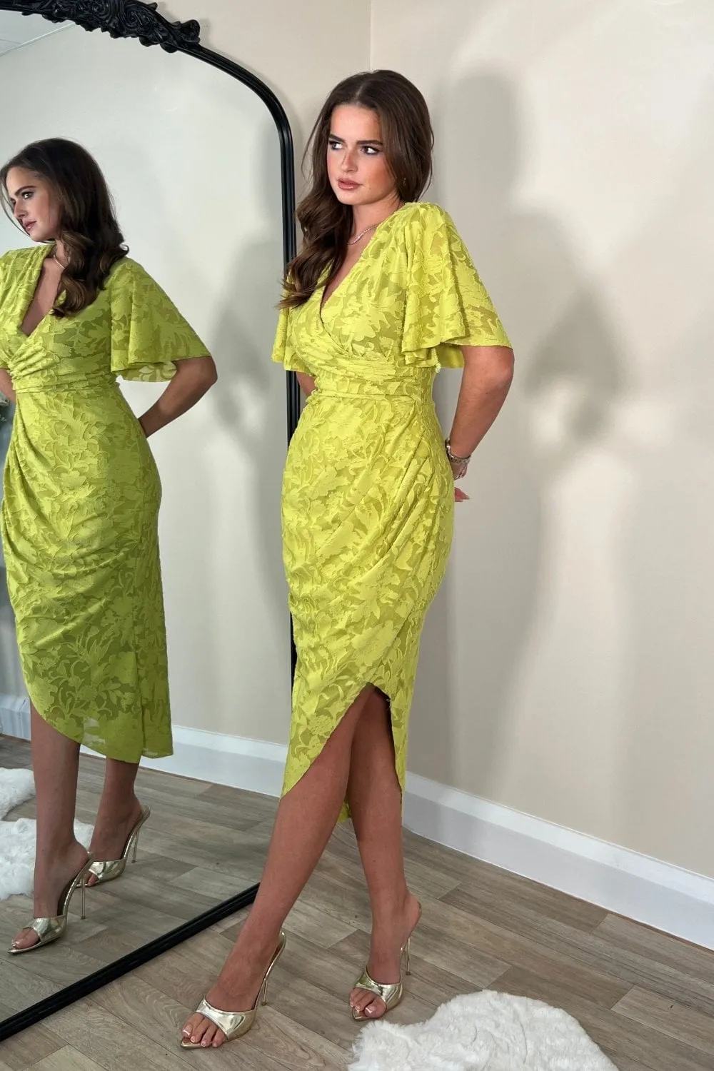 Natasha Angel Sleeve Wrap Midi Dress Lime