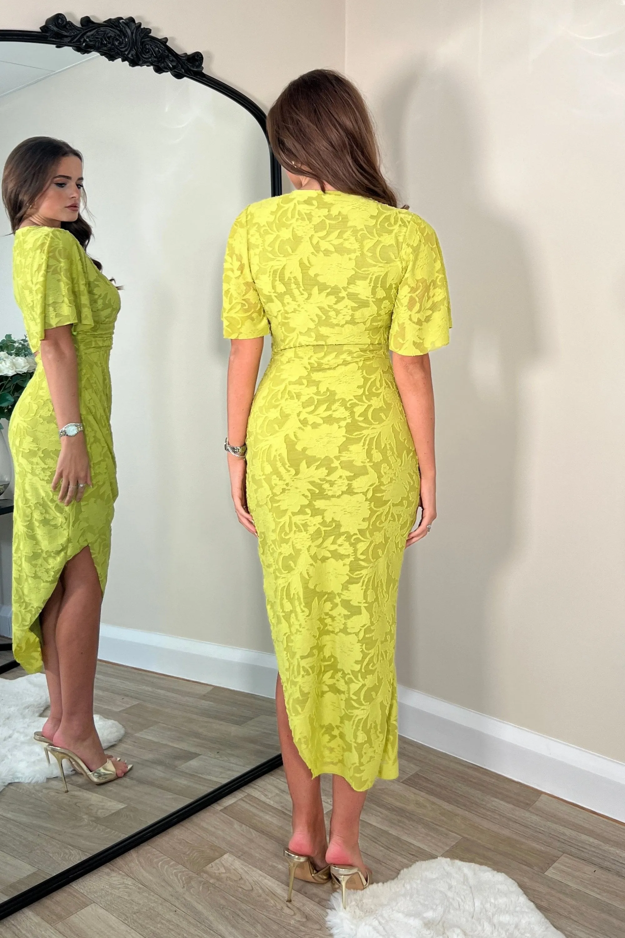 Natasha Angel Sleeve Wrap Midi Dress Lime