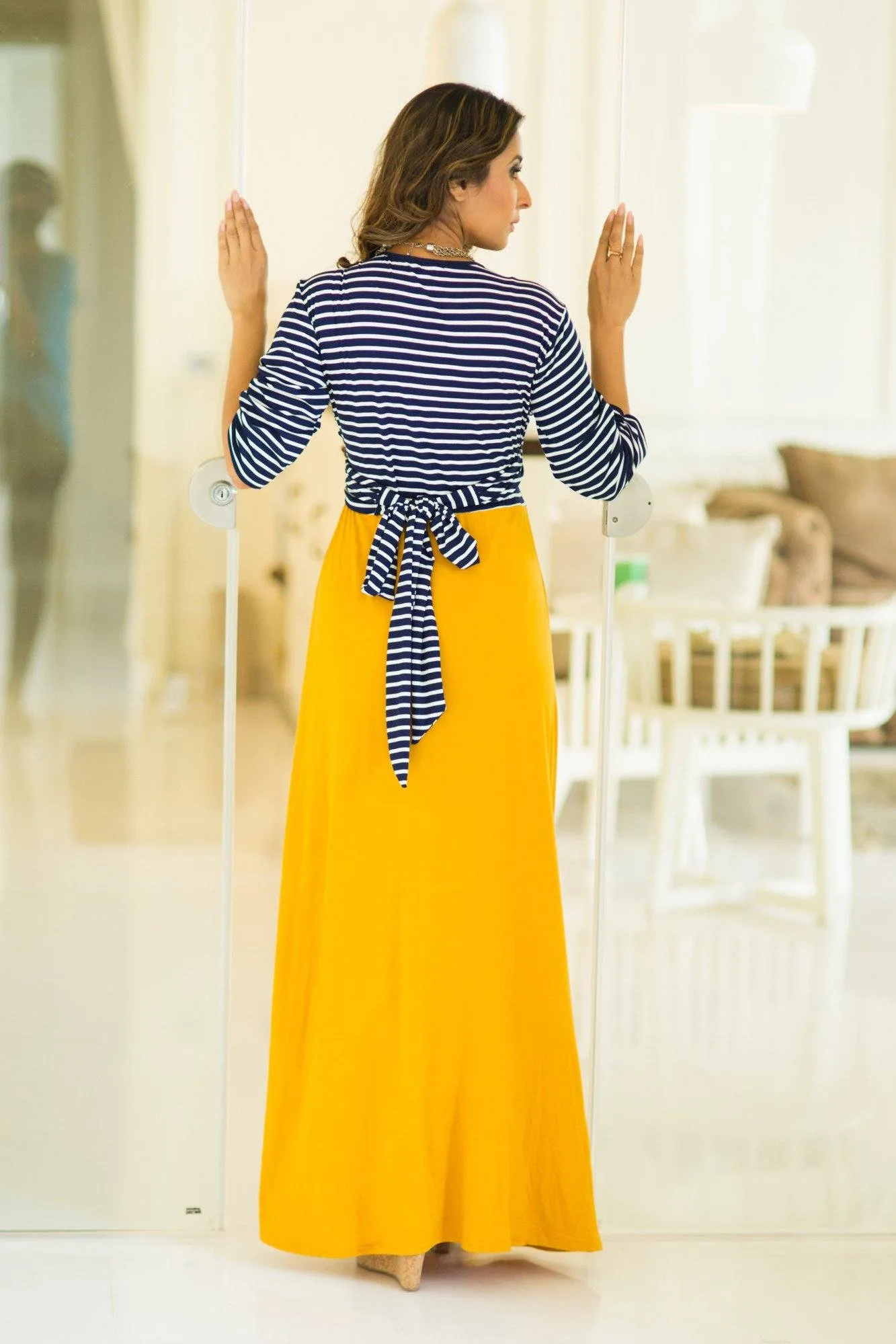 Nautical Mustard Orange Maternity & Nursing Wrap Dress