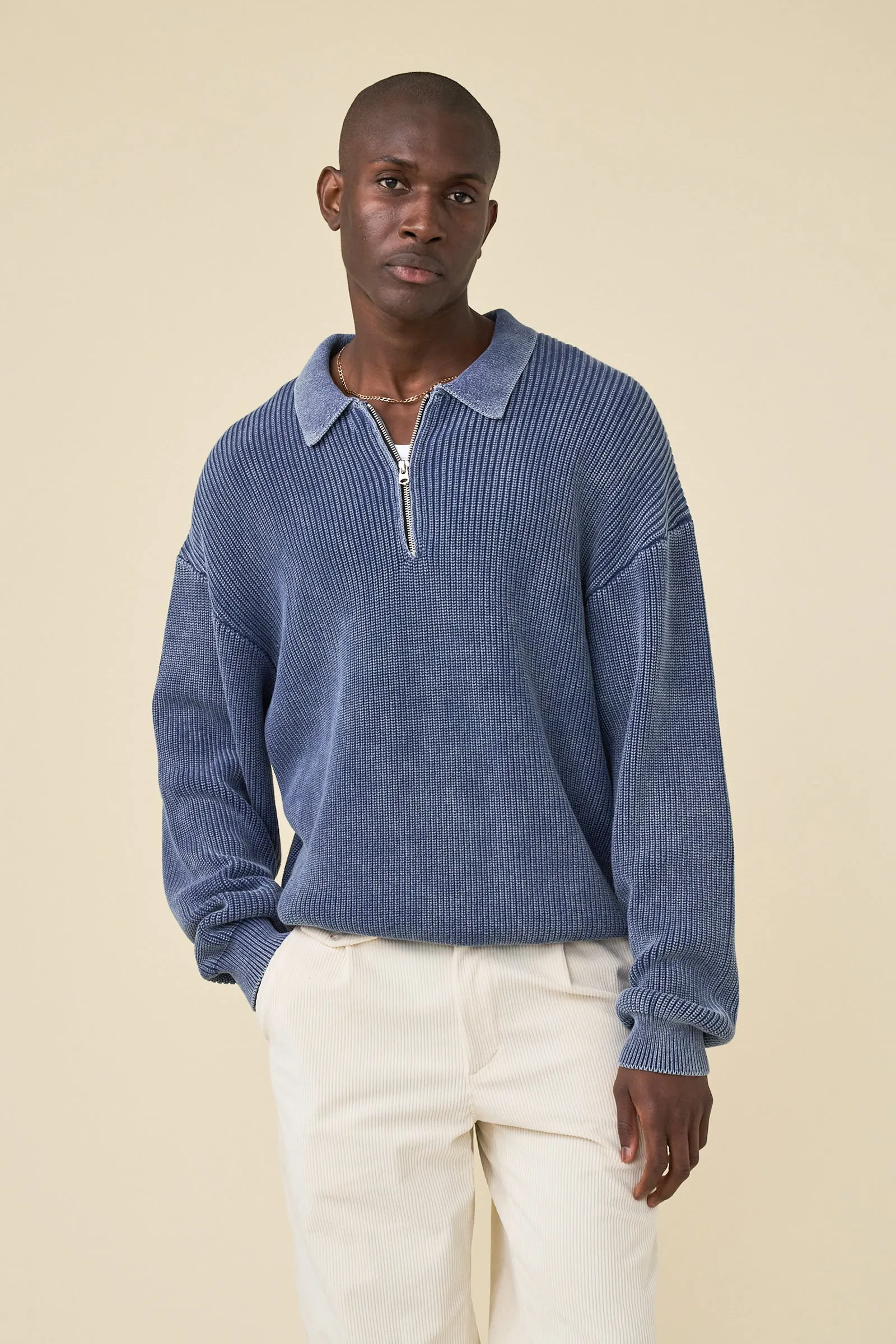 NAVY ACID WASHED HALF ZIP KNIT PULLOVER