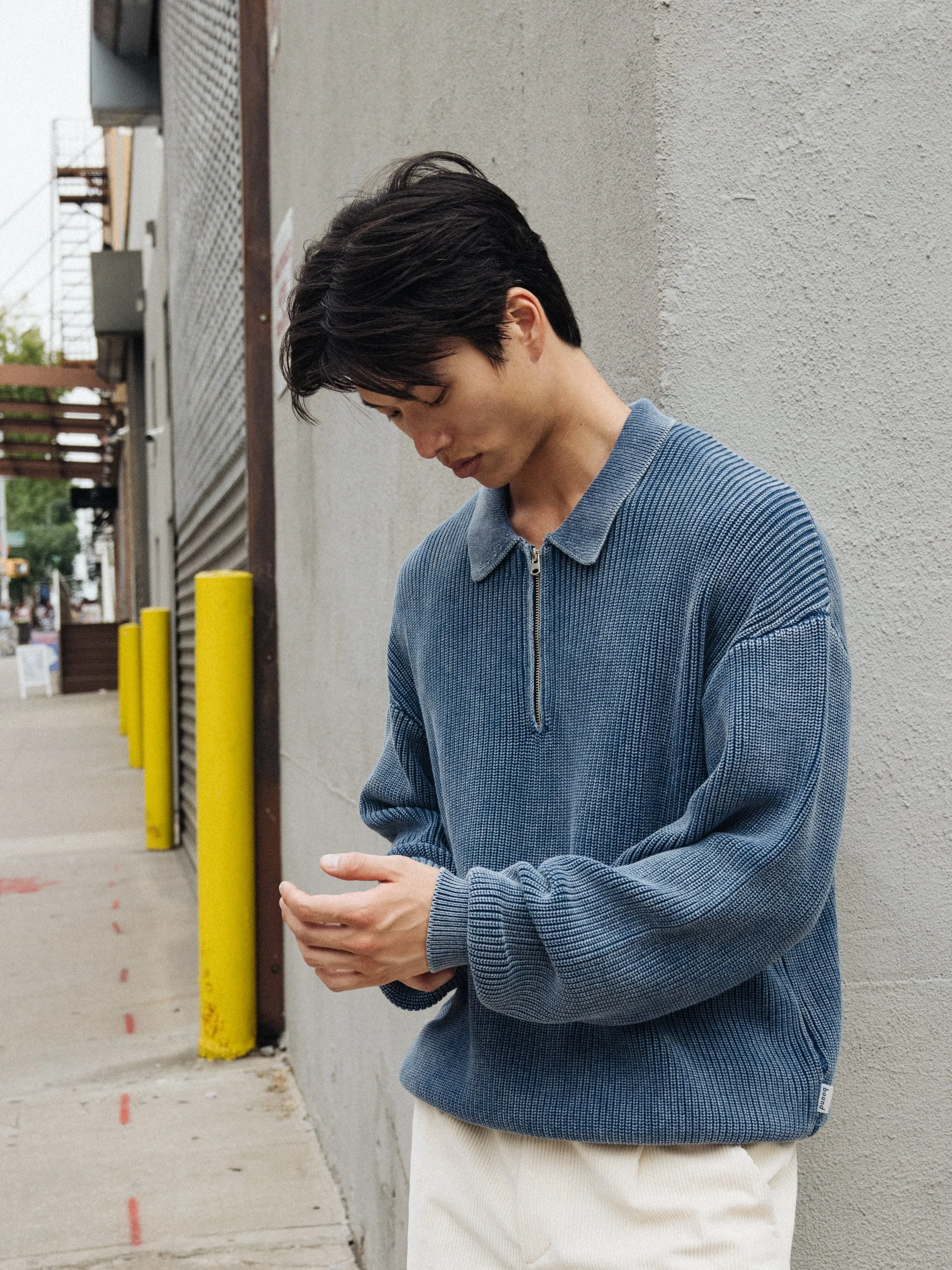 NAVY ACID WASHED HALF ZIP KNIT PULLOVER