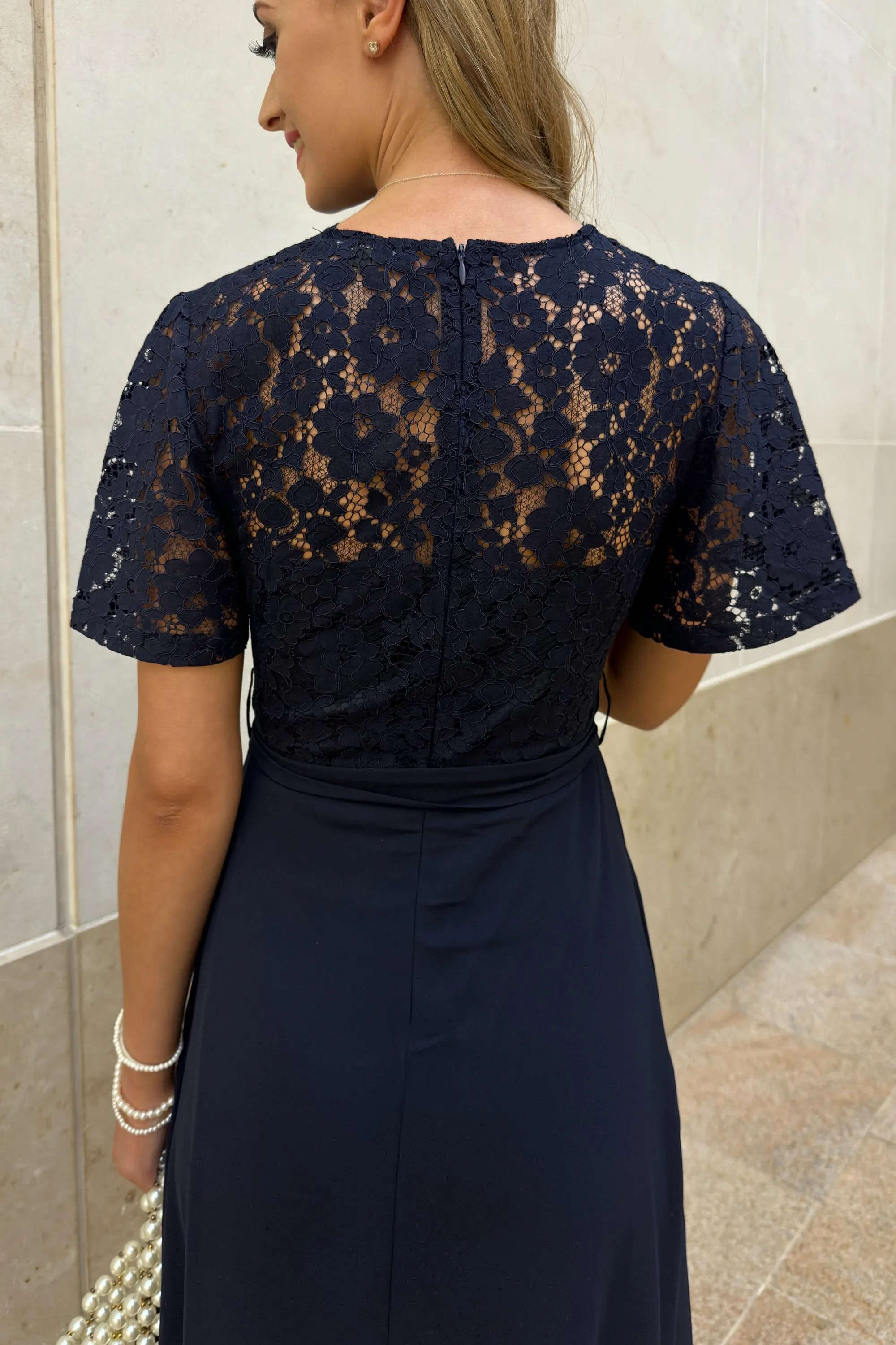 Navy Lace Wrap Front Dip Back Dress