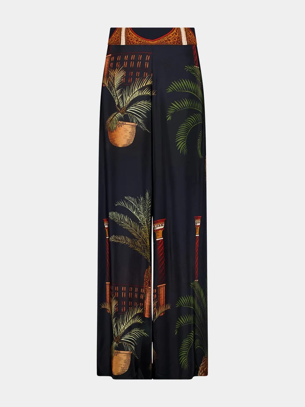 Navy Wide-Leg Mystic Motif Silk Pants