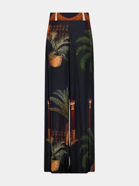 Navy Wide-Leg Mystic Motif Silk Pants