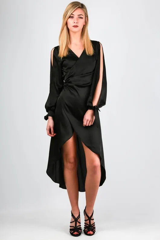 Open Sleeve Satin Wrap Front Midi Dress In Black