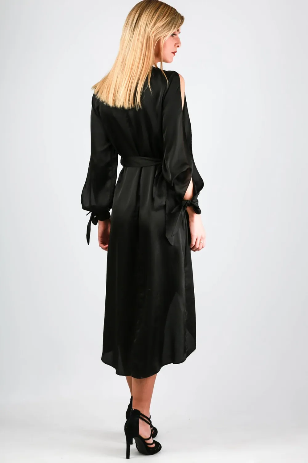 Open Sleeve Satin Wrap Front Midi Dress In Black