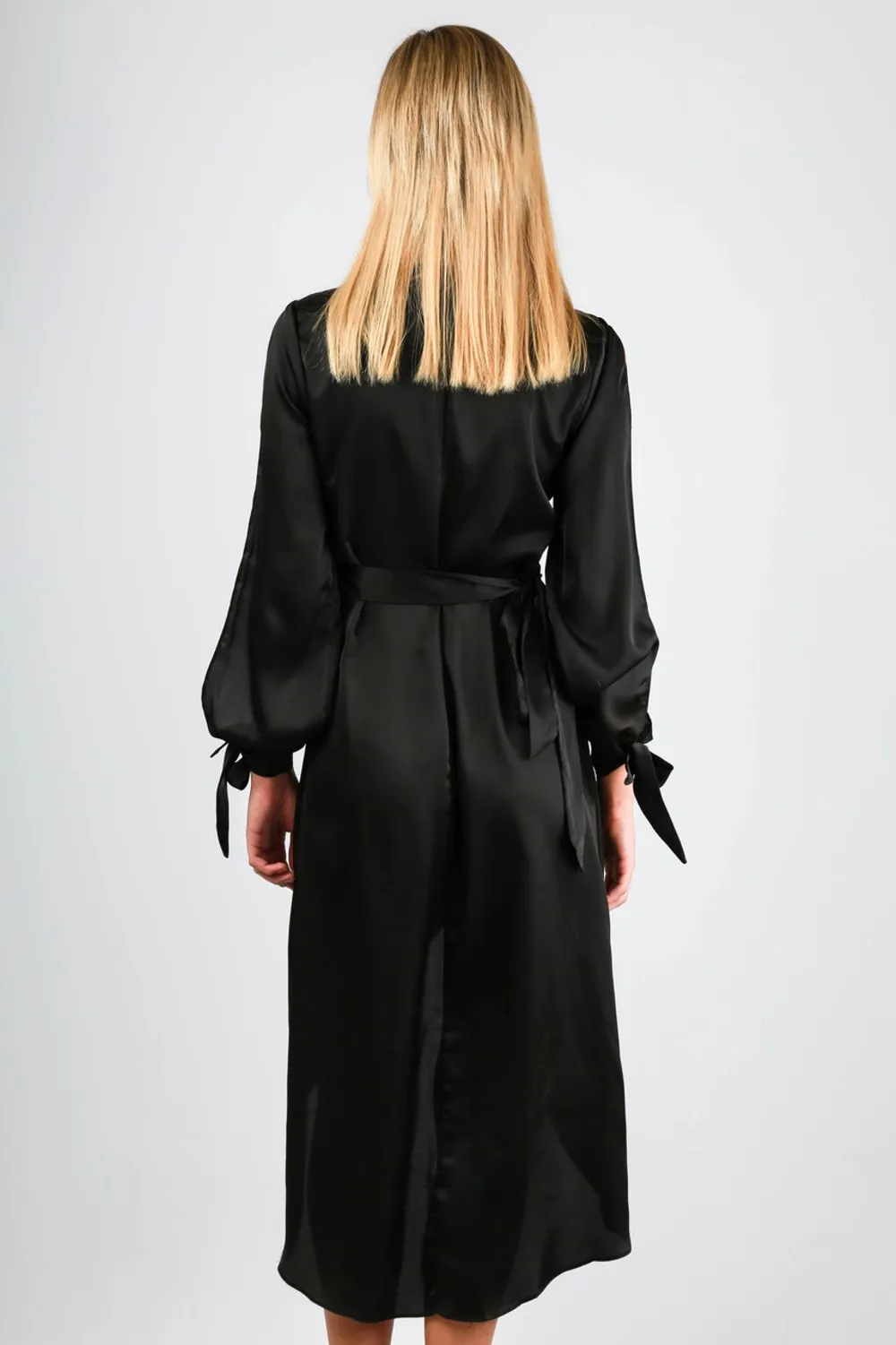 Open Sleeve Satin Wrap Front Midi Dress In Black