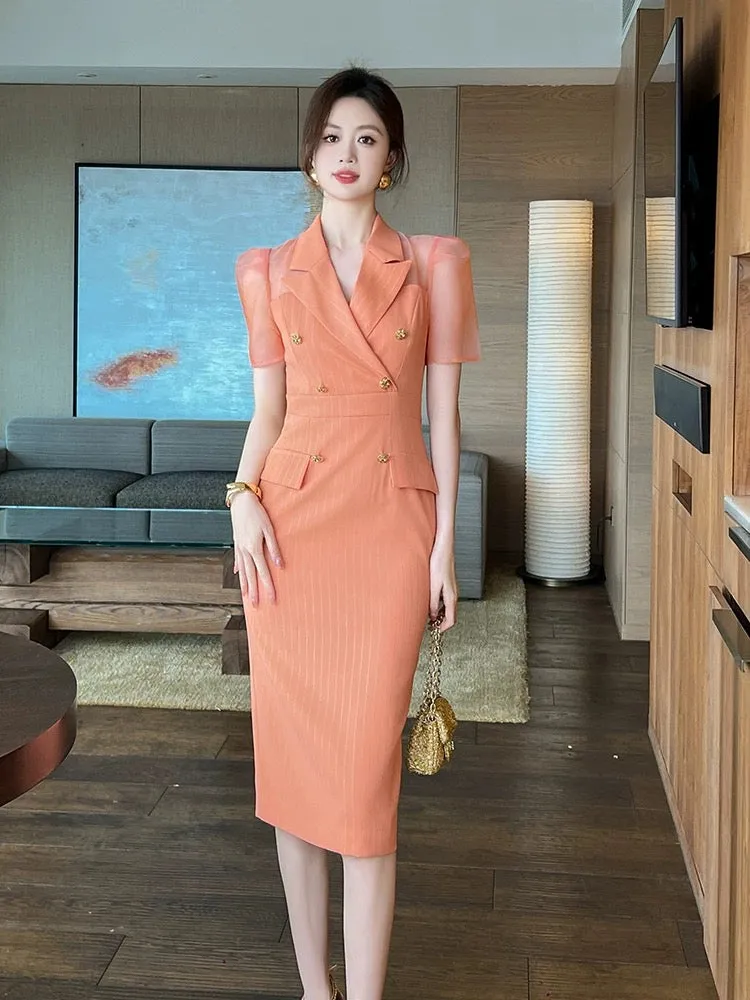 Orange professional dress summer feminine goddess style high-end formal occasion commuting slim hip wrap skirt