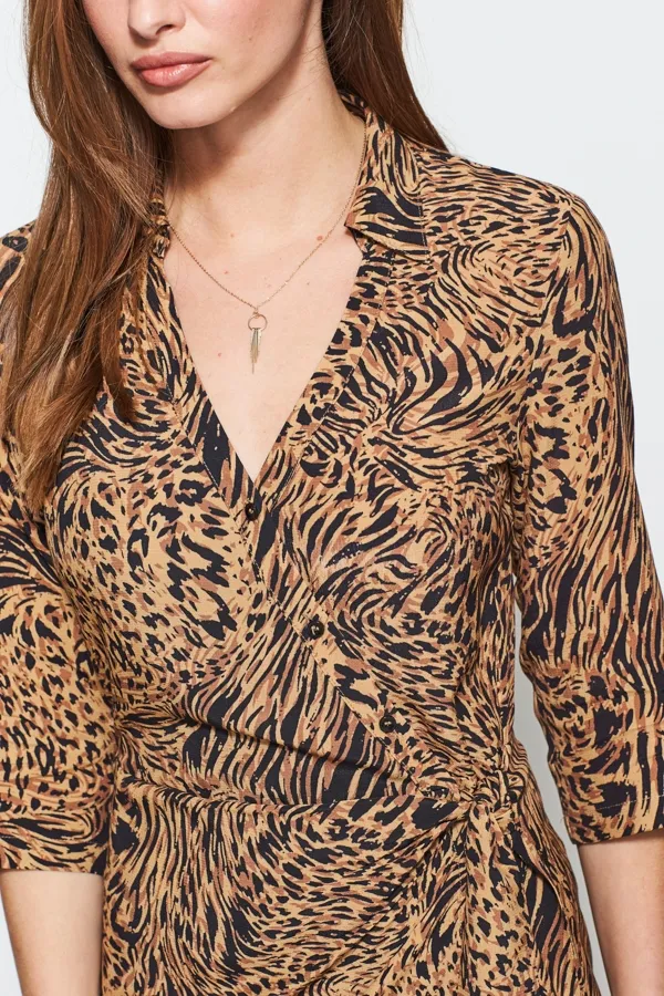 Pale Gold Animal Print Wrap Front Shirt Dress