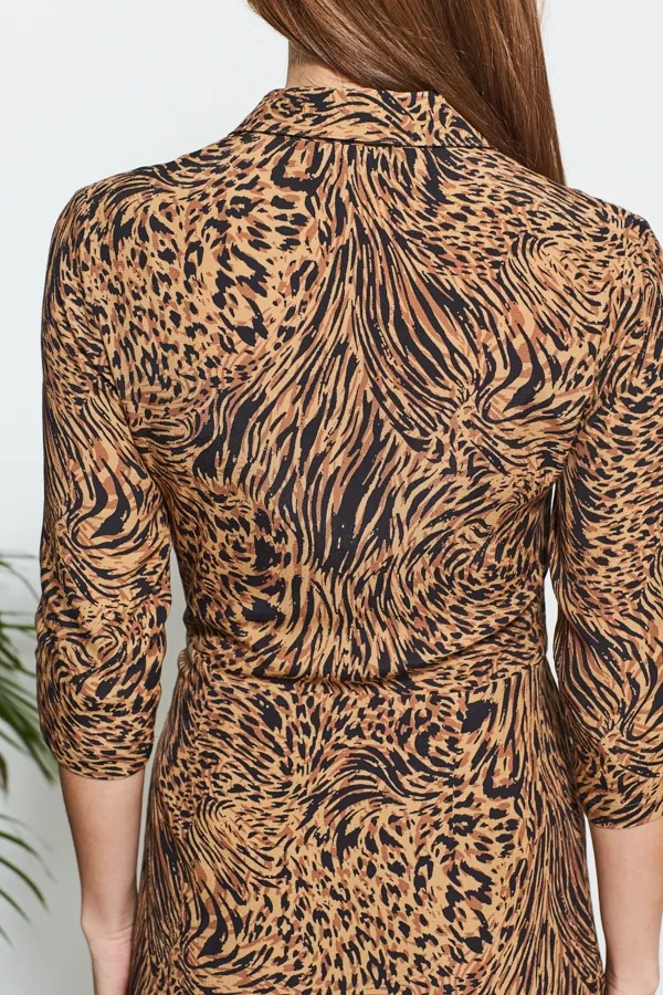 Pale Gold Animal Print Wrap Front Shirt Dress