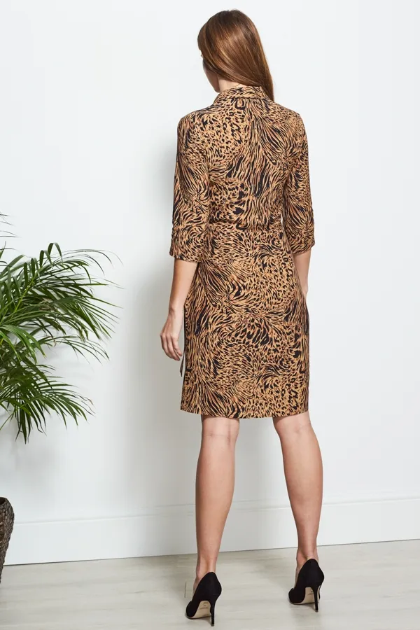 Pale Gold Animal Print Wrap Front Shirt Dress