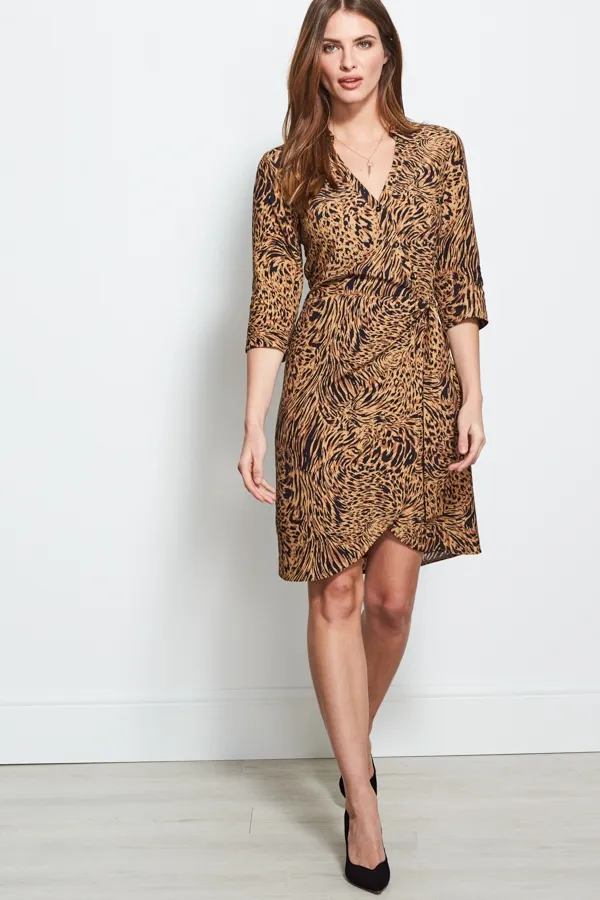 Pale Gold Animal Print Wrap Front Shirt Dress